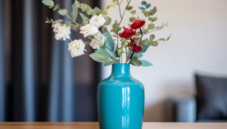 Vase with flowers on the table in living room, stock photoの素材
