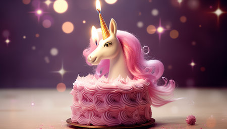 Unicorn birthday cake with burning candle on wooden table and bokeh backgroundの素材