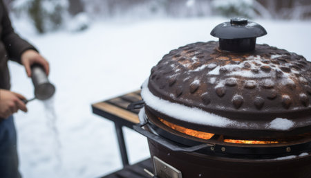 Cooking on a gas grill in winter forest. Selective focus.の素材