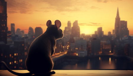 mouse on the background of the New York City skyline at sunset.の素材