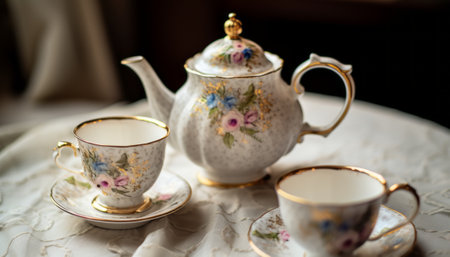 Tea set on the table. Vintage style. Selective focus.の素材