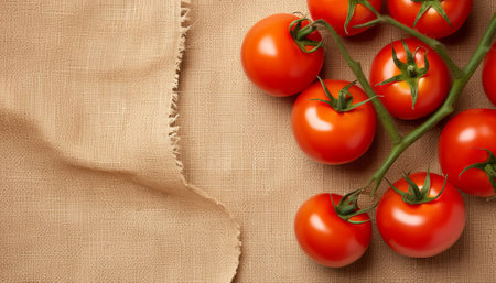 Ripe red tomatoes on a branch on a linen cloth background.の素材