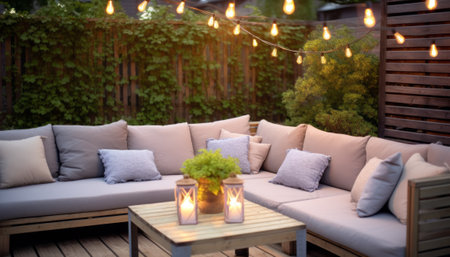 Outdoor patio with cushions and candles in a garden setting.の素材