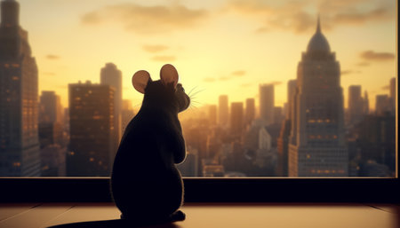 Silhouette of mouse on the window with cityscape background.の素材