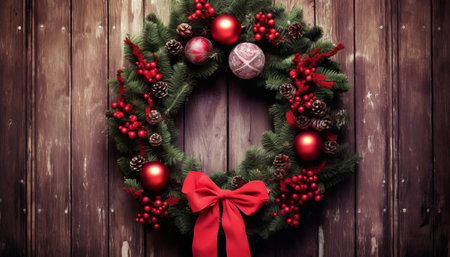 Christmas wreath with baubles and red bow against wooden backgroundの素材