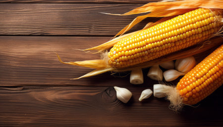 Fresh corn on the cob and garlic on a brown wooden background.の素材
