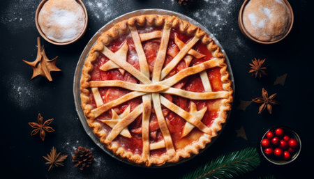 Christmas pie with red apples and cinnamon on a black background, top viewの素材