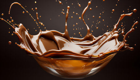 Splash of chocolate in a glass bowl, isolated on black backgroundの素材
