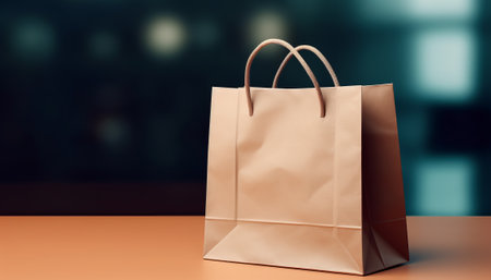 Shopping paper bag on table in front of blurred background. 3d renderingの素材