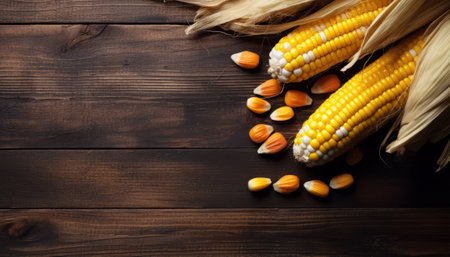 Fresh corn on the cob on wooden background. Top view with copy spaceの素材