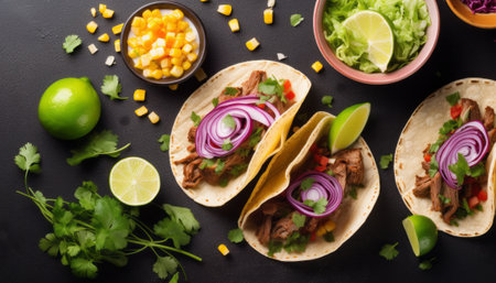 Mexican tacos with beef, corn, onion, cilantro and lime on black backgroundの素材