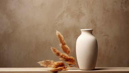 Vase with dried flowers on wooden table in front of beige wallの素材