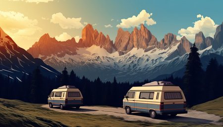 Campervan in the mountains at sunset. 3D rendering.の素材