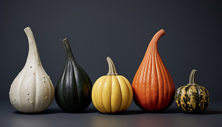Colorful pumpkins on a dark background. 3d rendering.の素材