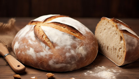 Freshly baked bread on a wooden table with a knife and a sackclothの素材