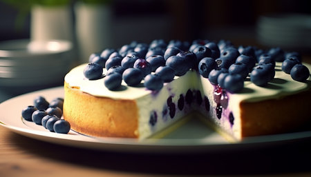 Cheesecake with blueberries on a plate on a wooden tableの素材