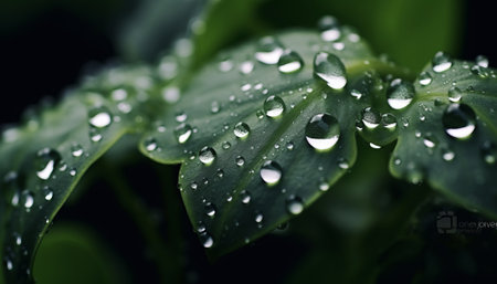 Water droplets on green leaves after rain. Beautiful nature background.の素材