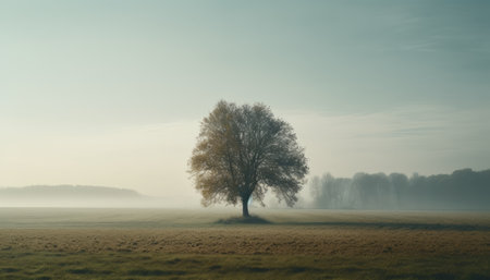 A single tree in a foggy field at sunrise in winter.の素材