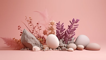 3d render of easter eggs and flowers on pastel backgroundの素材