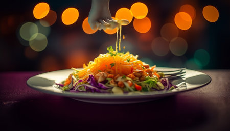 salad with chicken and vegetables on a white plate on a dark backgroundの素材