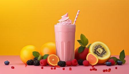 Fruit smoothie in a glass on a yellow background with fruits.の素材