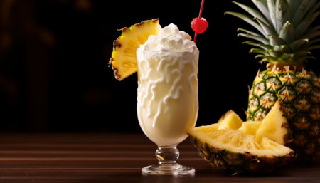 Pina colada cocktail with pineapple and cherry on a black backgroundの素材