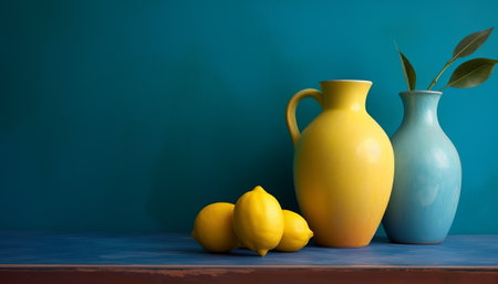 Still life with lemon and ceramic vase on blue wall background.の素材
