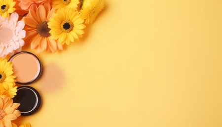 Cosmetic products and gerbera flowers on a yellow background.の素材
