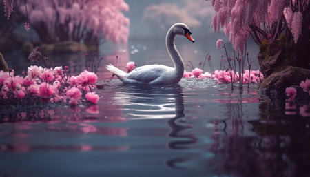 Swan swimming in the lake with pink sakura blossom backgroundの素材