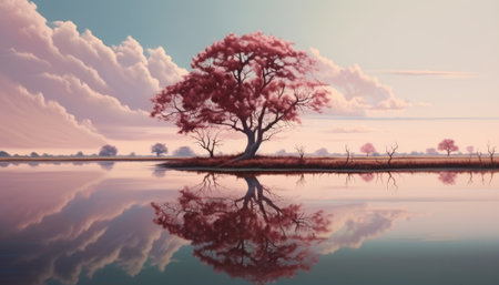 Lonely tree reflected in the water at sunset, 3d illustrationの素材