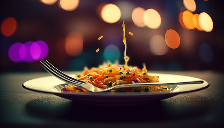 Close up of plate with delicious pasta on table with blurred lights in backgroundの素材