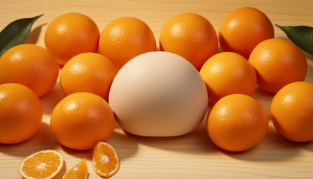 Egg and oranges on a wooden background. Close-up.の素材