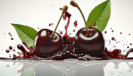 Cherry splash isolated on white background. 3d render illustration.の素材