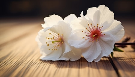 cherry blossom on wooden background, close-up, selective focusの素材