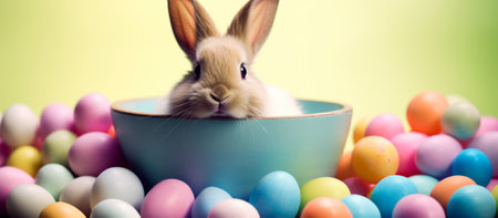 Easter bunny and easter eggs on green background with copy spaceの素材