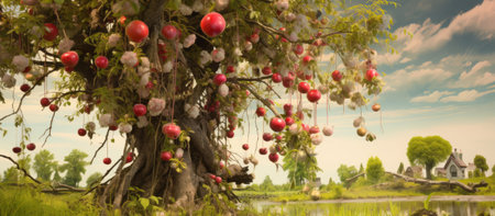 Beautiful apple tree with red apples on the shore of the lakeの素材