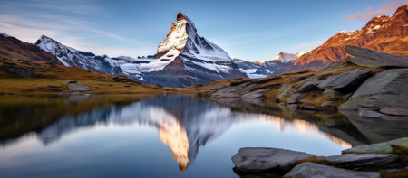 Panoramic view of Matterhorn with reflection in Zermatt, Switzerlandの素材
