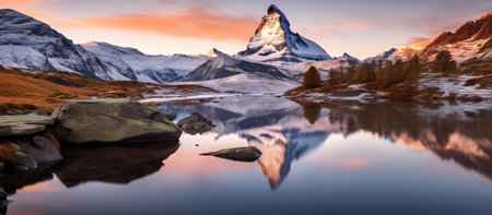 Panorama of Matterhorn with reflection in Zermatt, Switzerlandの素材