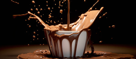 Chocolate splash close-up on a black background. 3d renderingの素材