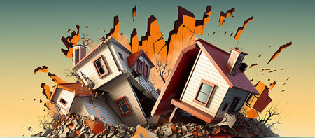Conceptual image of disaster with destroyed houses on sky background.の素材