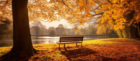 Bench in the autumn park. Autumn landscape with yellow trees and lakeの素材