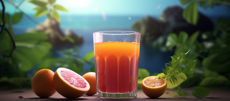 Glass of fresh orange juice with fresh fruits on a wooden table.の素材