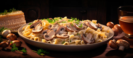Tagliatelle with mushrooms and cream sauce on a wooden backgroundの素材
