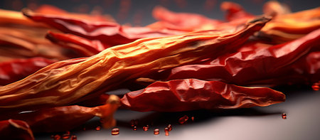 dried red hot chili peppers on a dark background close-upの素材