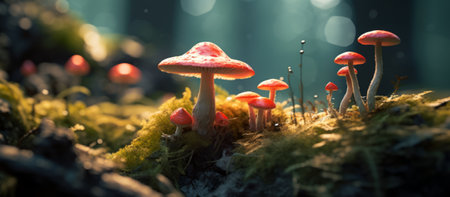 Mushrooms growing in the forest with bokeh effect.の素材