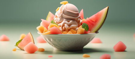 Melon ice cream in a bowl with melon slices and mint on green backgroundの素材