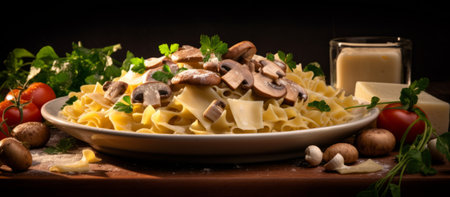 Tagliatelle with mushrooms and parmesan cheese on wooden backgroundの素材