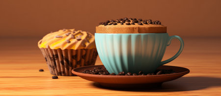 Cup of coffee with cupcake and coffee beans on wooden tableの素材