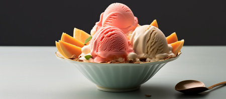 Close up of ice cream scoops in bowl with melon and mango on grey backgroundの素材