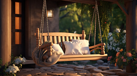 Wooden swing with pillows in the garden. 3d renderingの素材